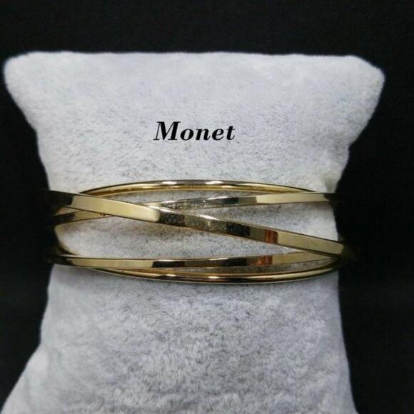 Monet Modern Open Cuff Bracelet, Layered Signed 5 3/4” Gold Tone - Picture 1 of 10